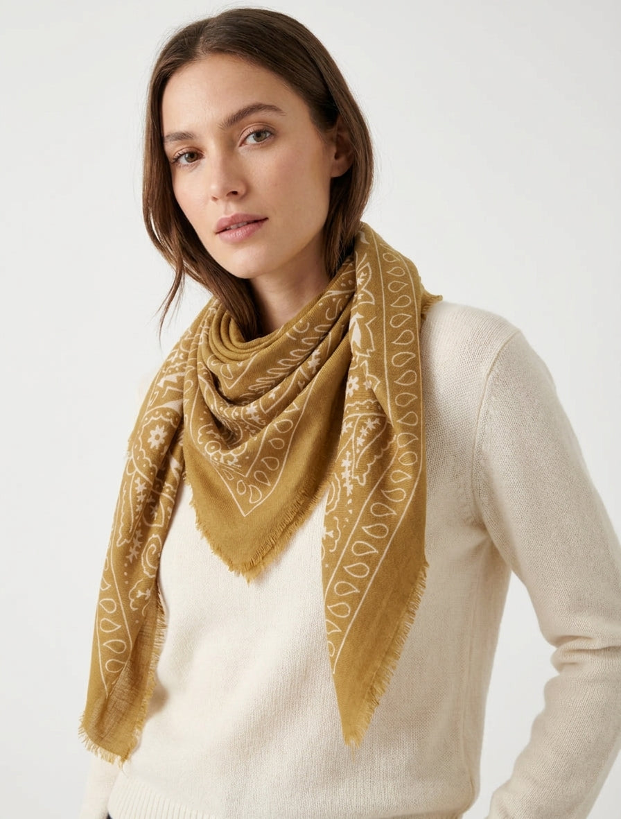 Foulard carré à bords effilochés - Jaune moutarde