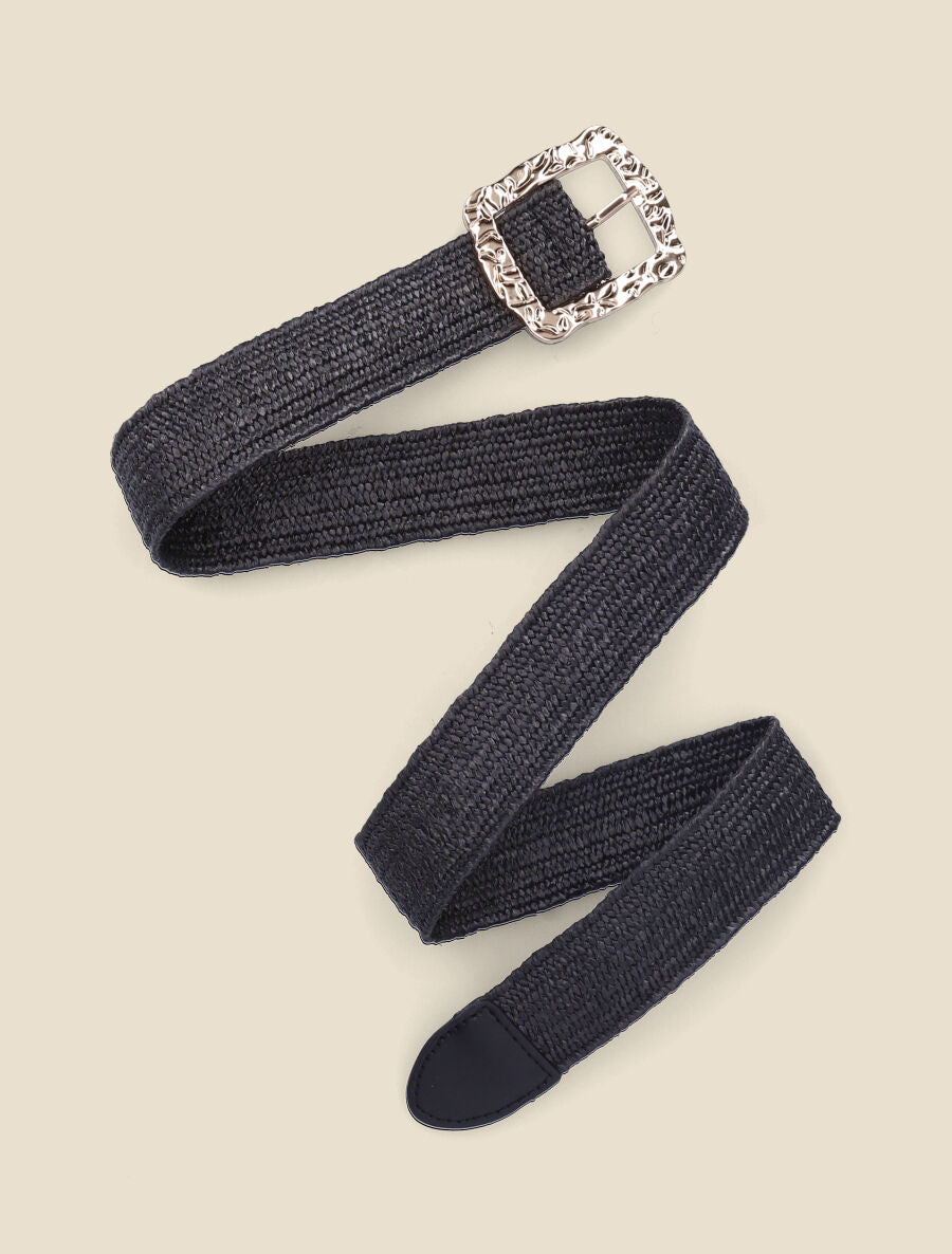 Ceinture style raphia à boucle carrée dorée - Noir - 2