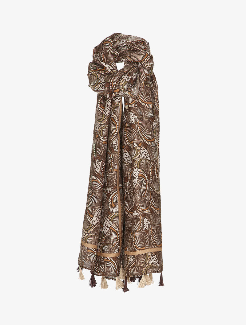 Foulard à imprimé éventails et bords à pompons - Taupe - 1