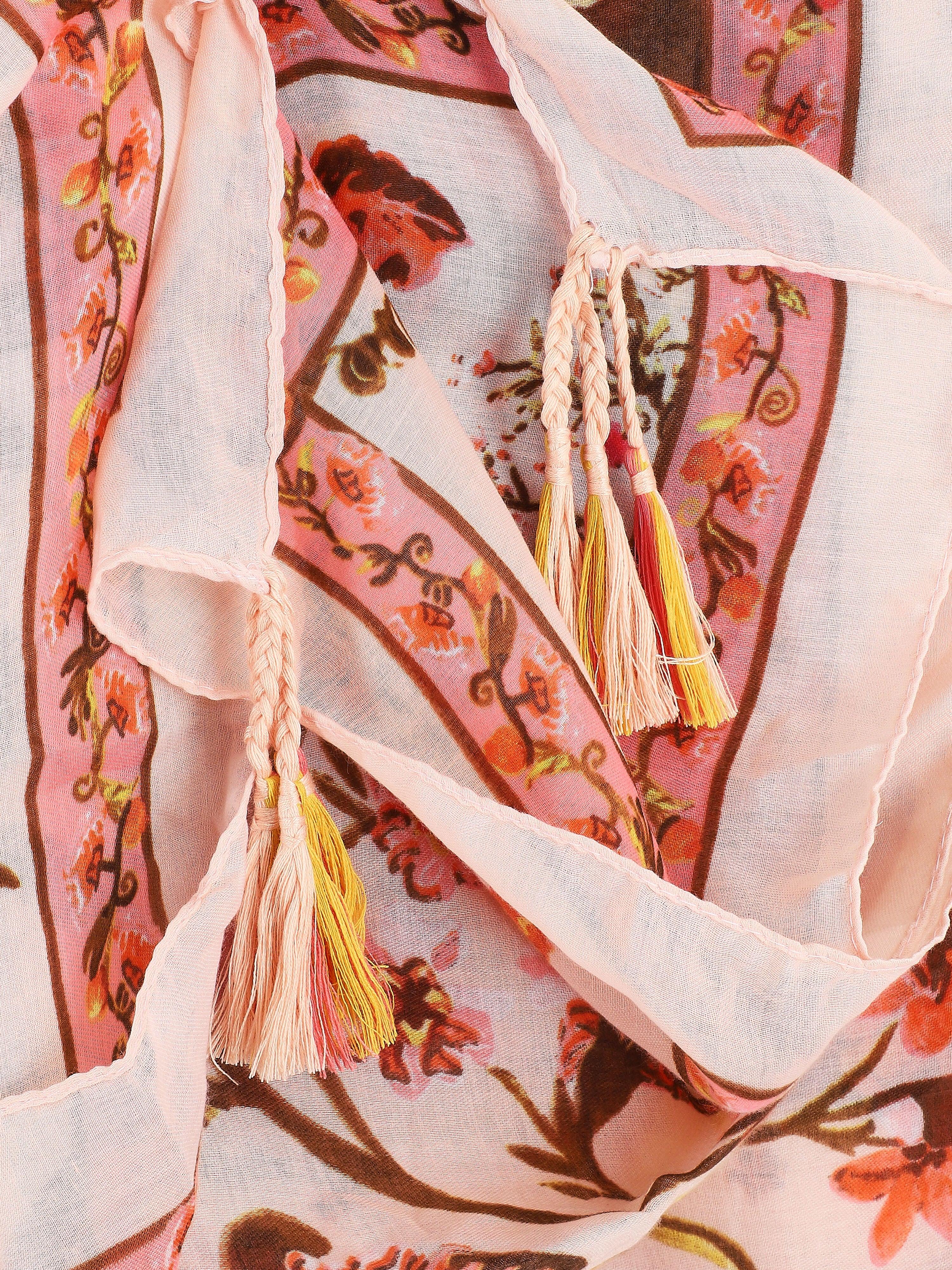 Foulard à imprimé fleuri et pampilles - Rose - 3