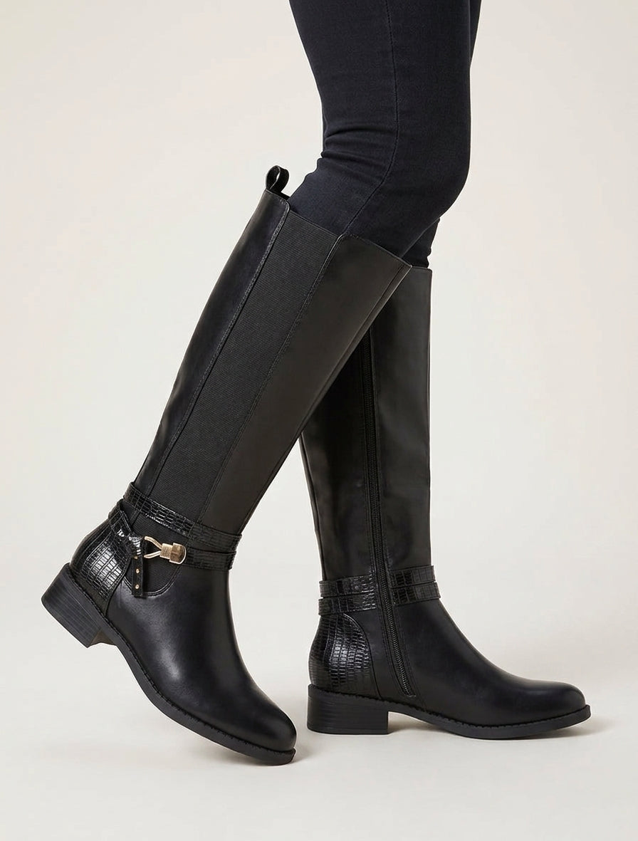 Bottes à sangle croco et zip - Noir