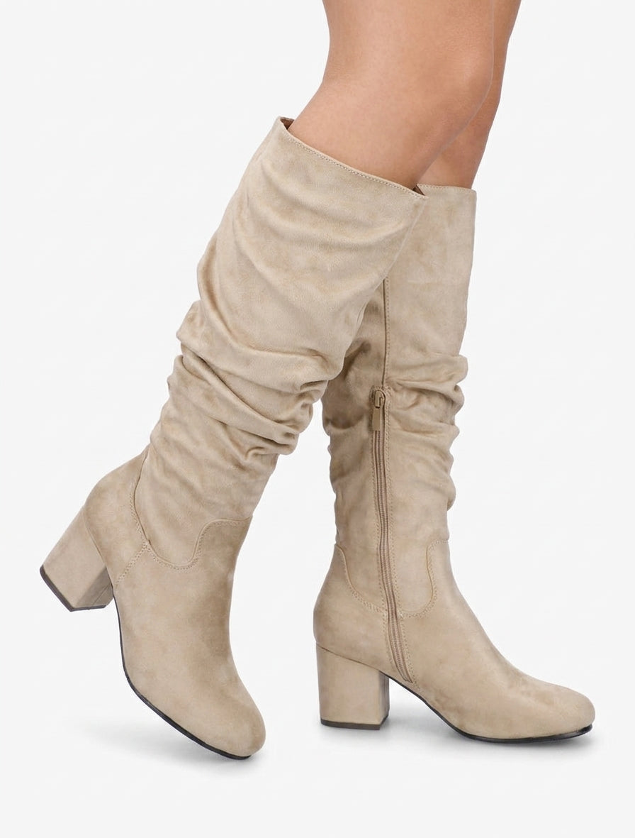 Bottes en suédine à talon bloc - Beige