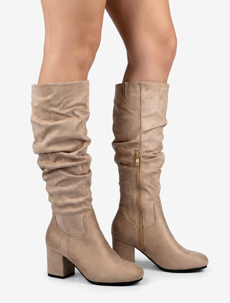 Bottes à talon bloc en suédine - Taupe