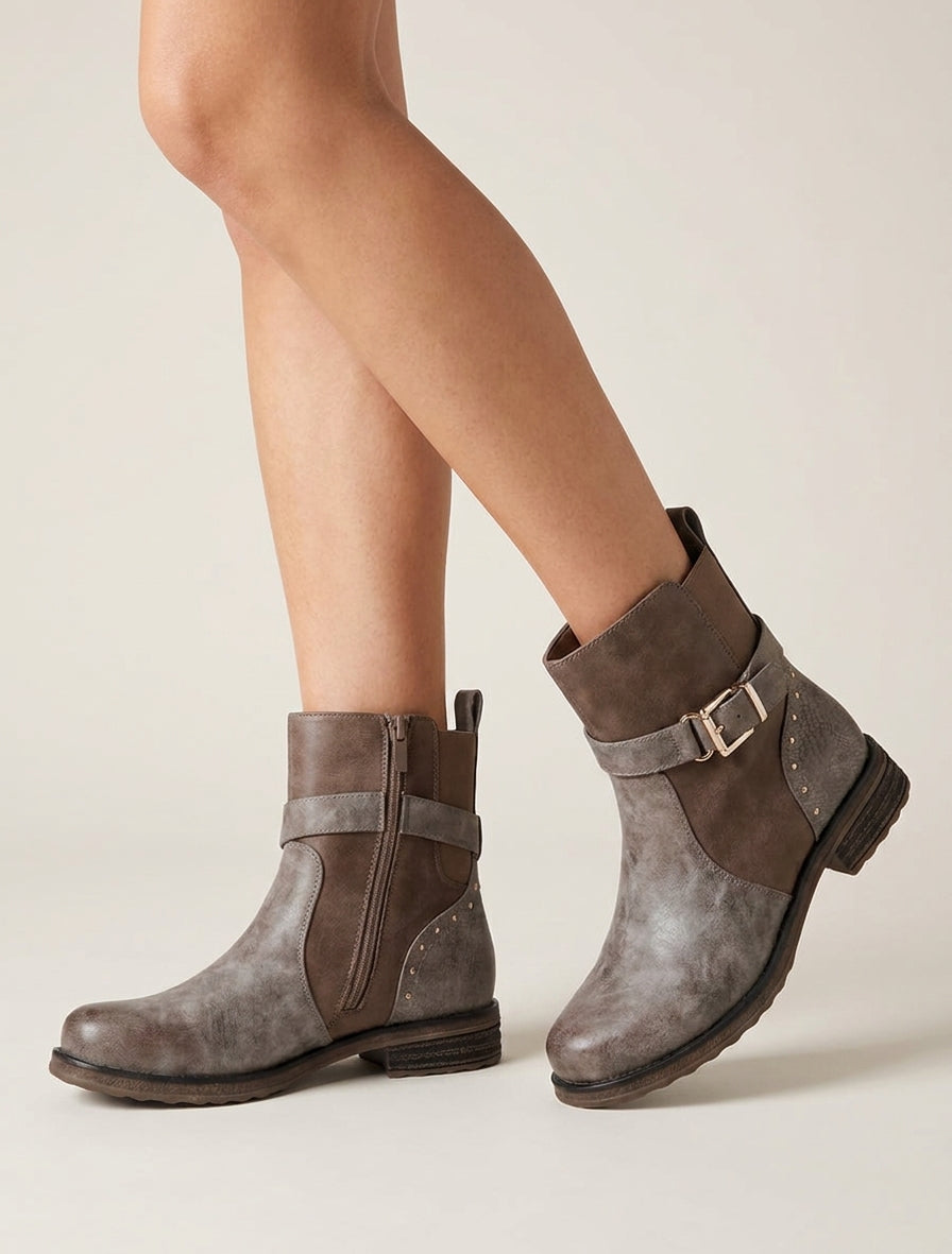 Bottines talon bloc à clous python - Taupe