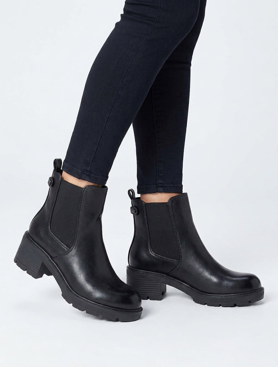 Bottines fourrées à talon bloc cranté - Noir