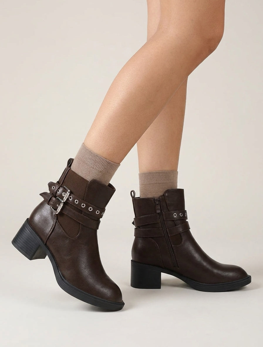 Bottines à sangles talon bloc - Marron
