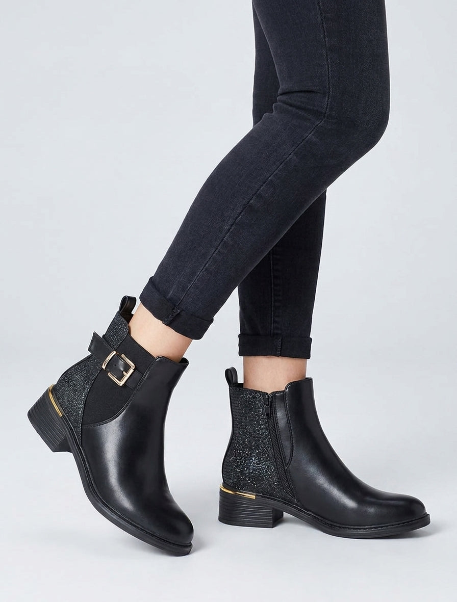 Bottines à talon bloc et détail irisé - Noir