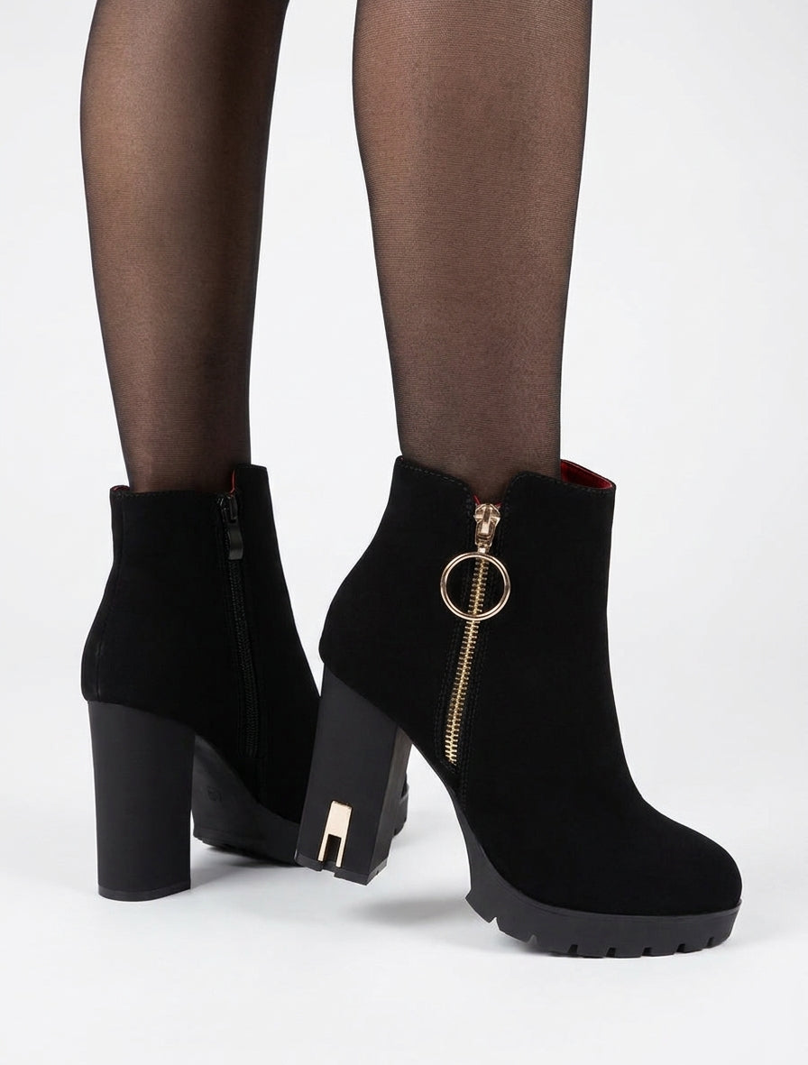 Bottines talon bloc à zip - Noir