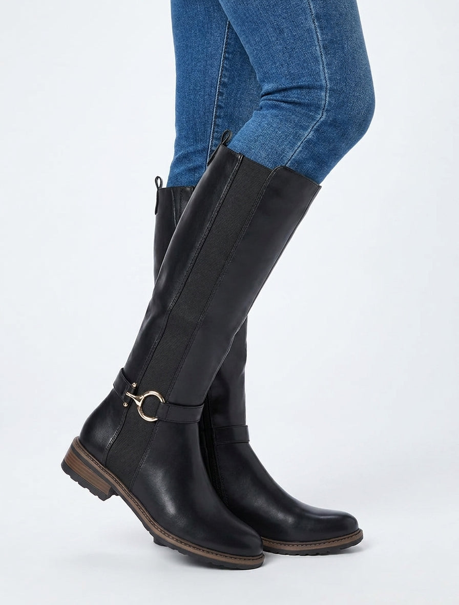 Bottes talon bloc sangle décorative - Noir