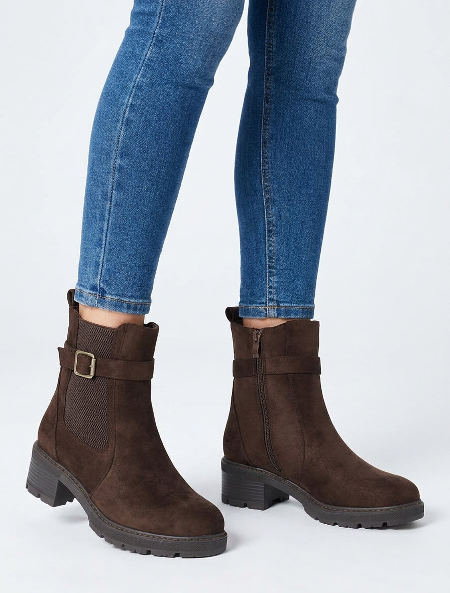 Bottines suédine talon bloc cranté - Marron