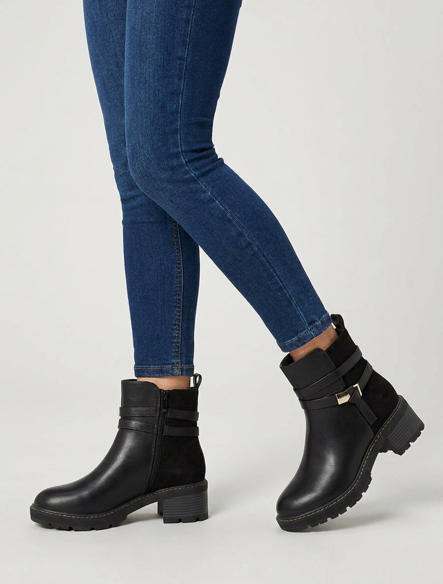 Bottines talon bloc crantées - Noir