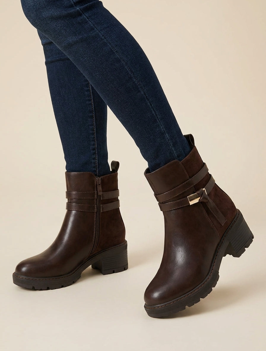 Bottines talon bloc crantées - Marron