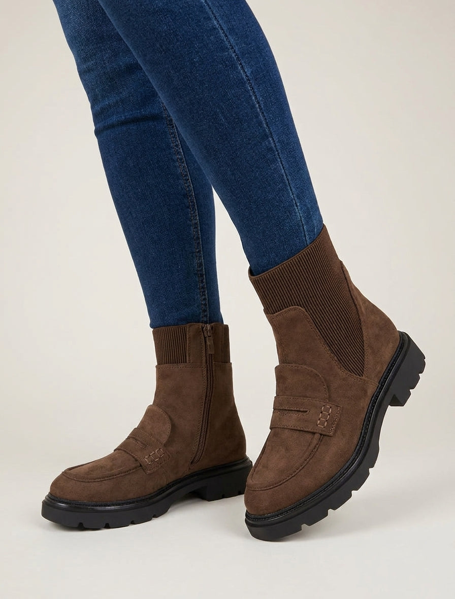 Bottines mocassin à semelle crantée - Marron