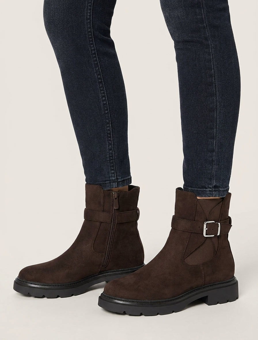 Bottines suédine talon bloc cranté - Marron