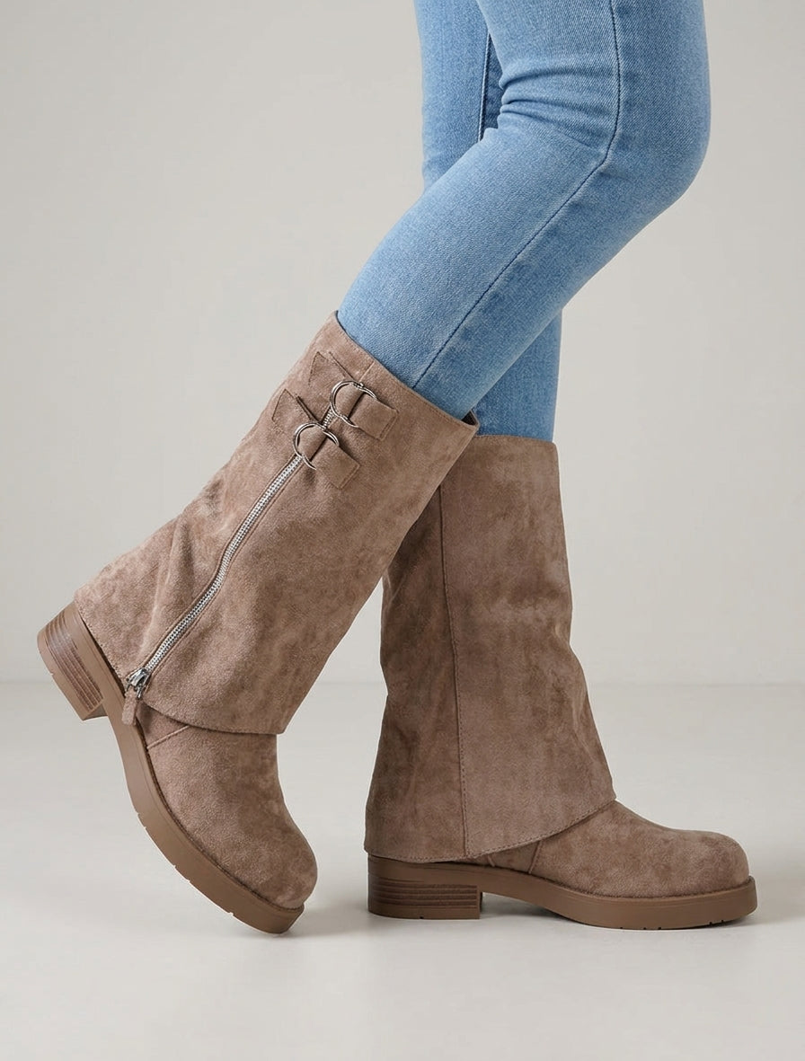 Bottines suédine à talon bloc - Taupe