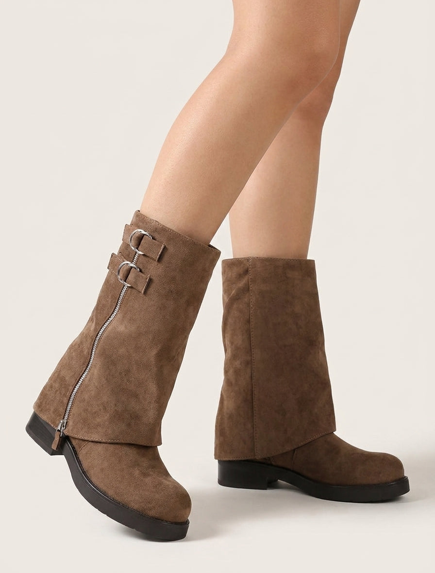 Bottines suédine talon bloc à sangles - Marron clair