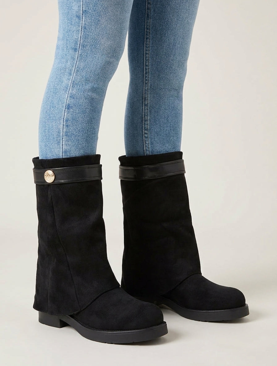 Bottines suédine talon bloc à bijou - Noir
