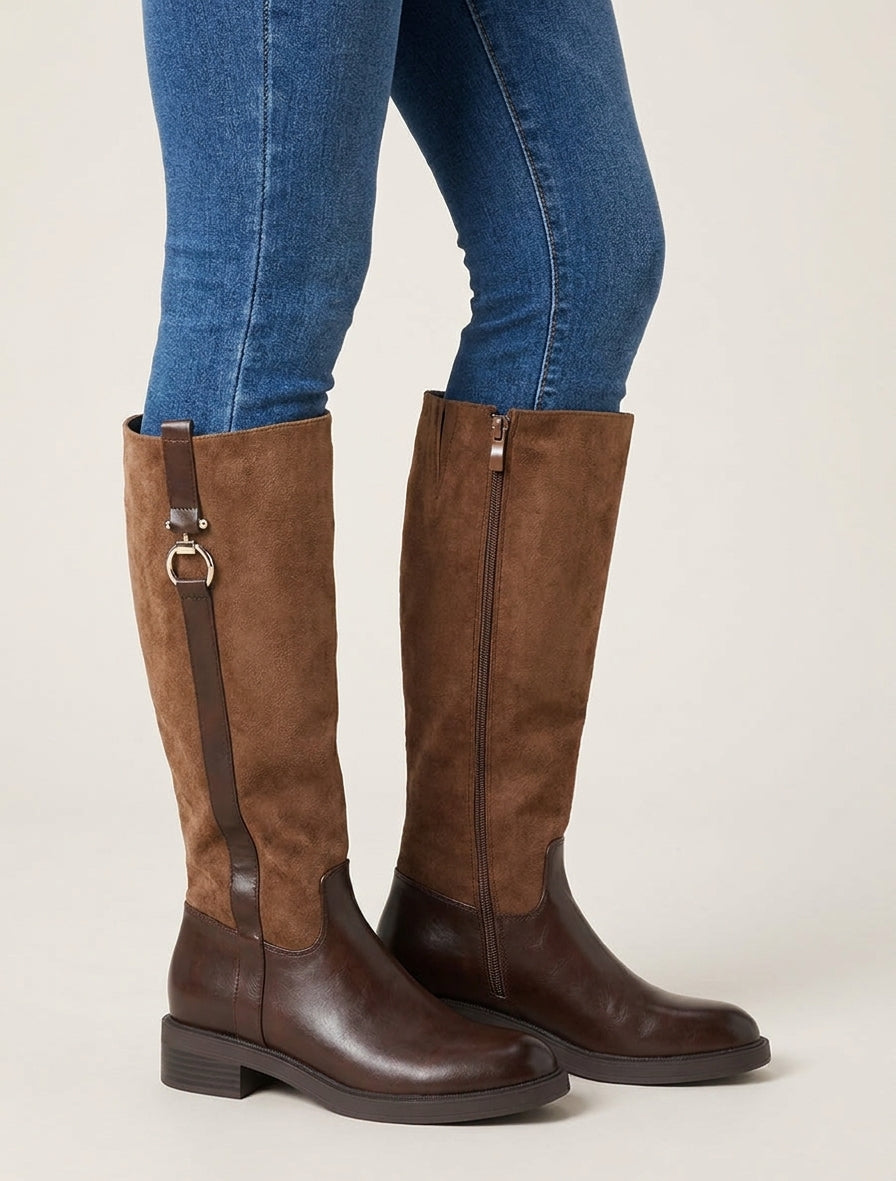 Bottes cavalières talon bloc à boucle - Marron