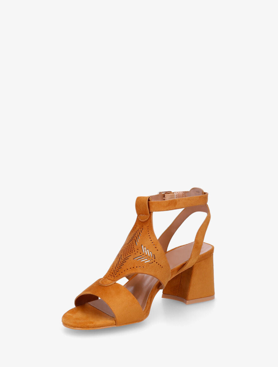 Sandales à talon et motifs ajourés - Camel - 3