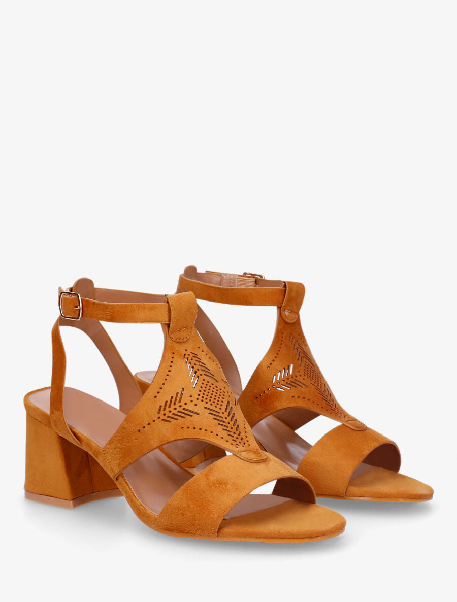Sandales à talon et motifs ajourés - Camel - 4