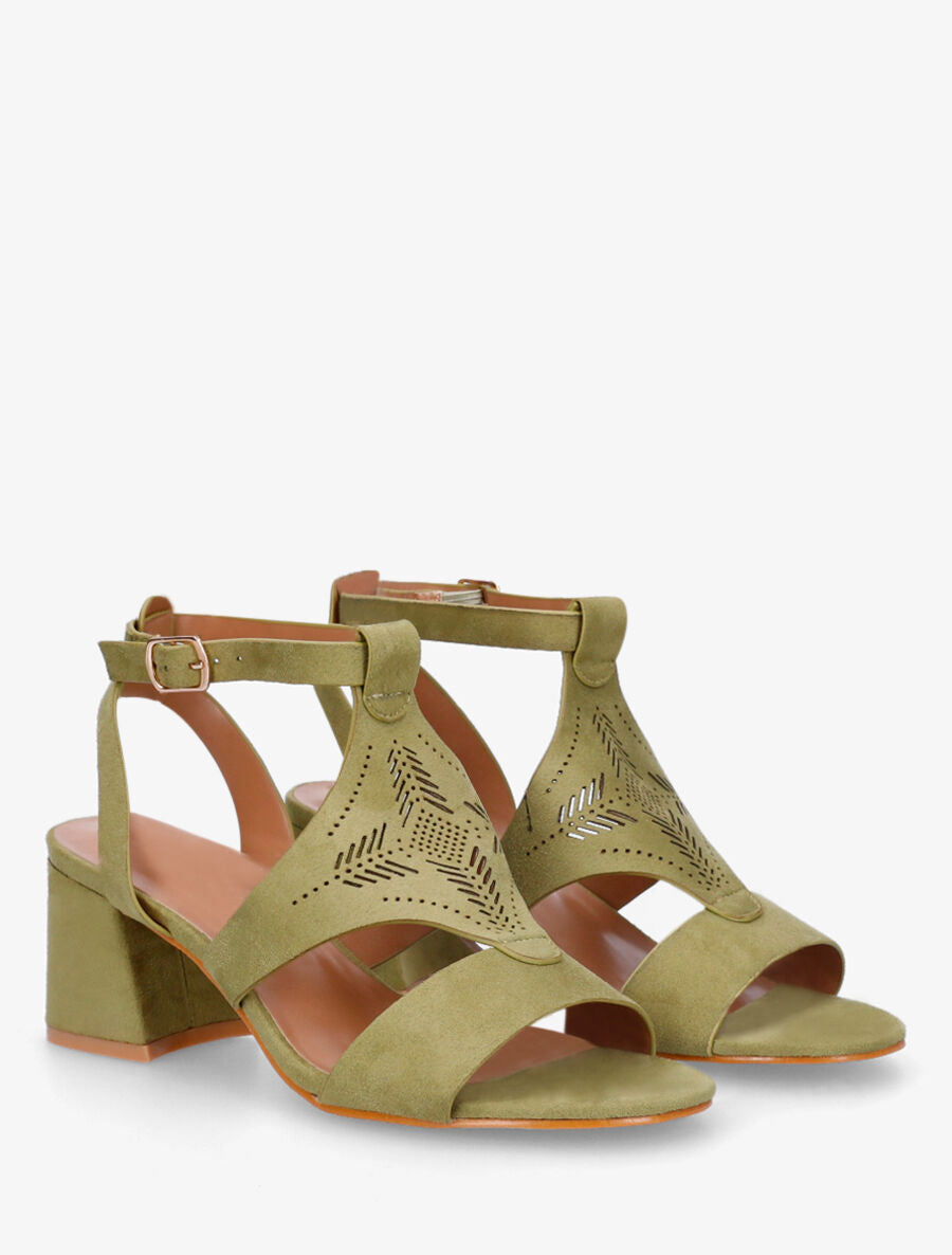 Sandales à talon et motifs ajourés - Kaki - 5