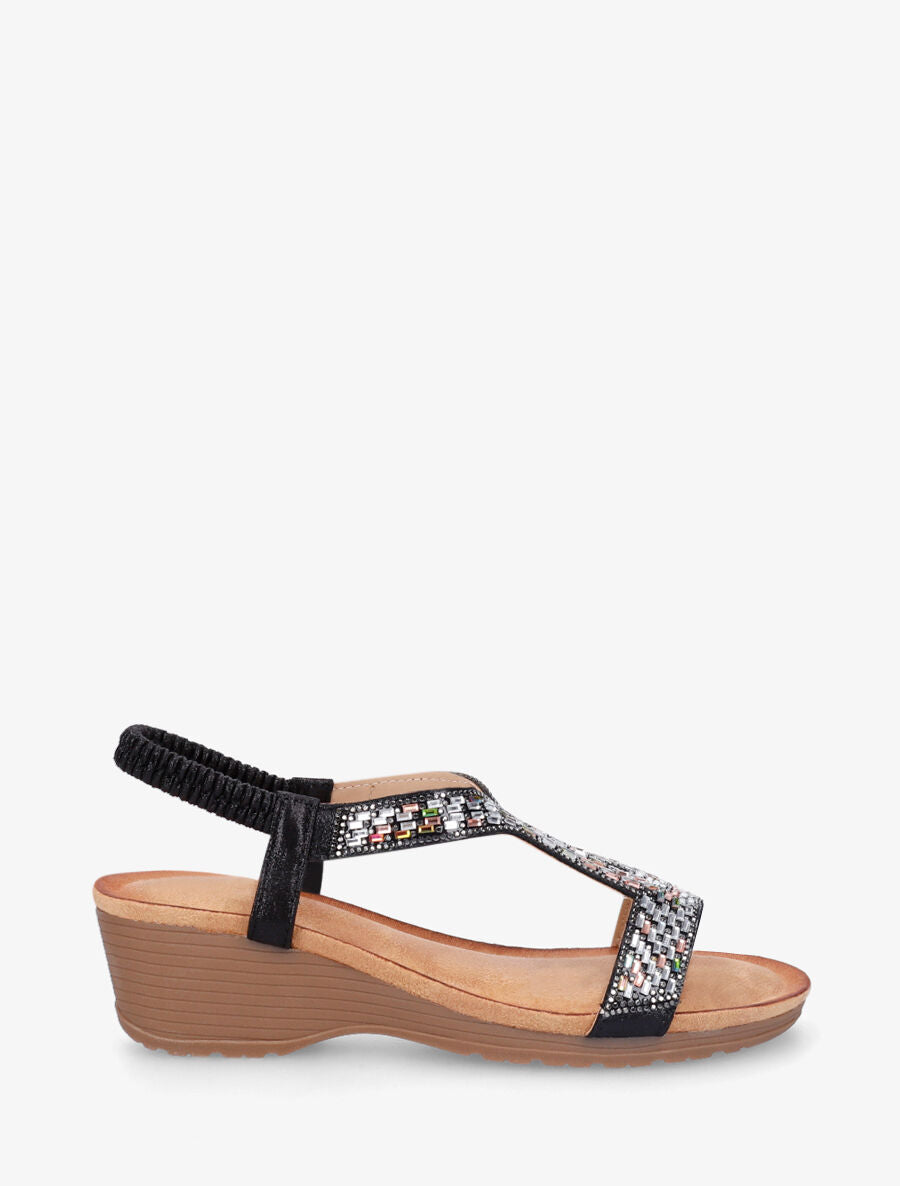 Sandales compensées à strass - Noir - 1