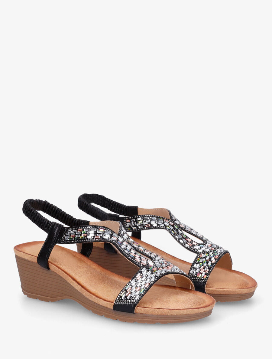 Sandales compensées à strass - Noir - 4