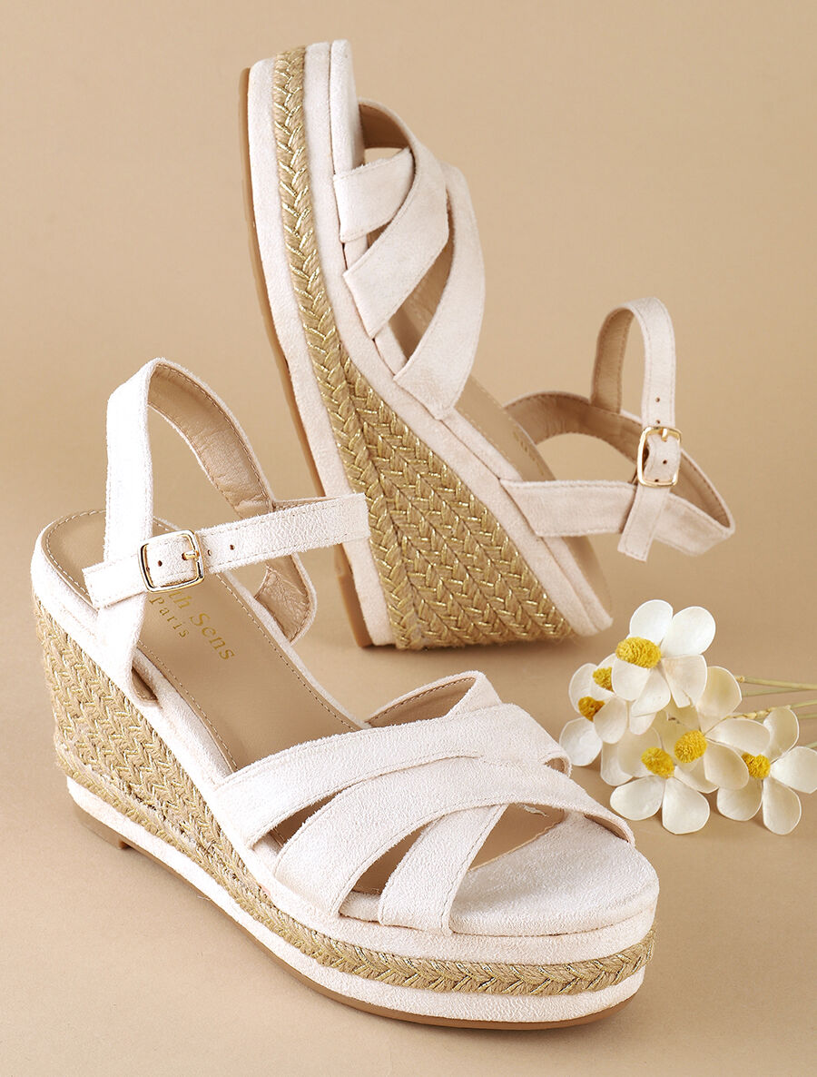 Sandales compensées à semelle en raphia tressé irisé Beige Inspee