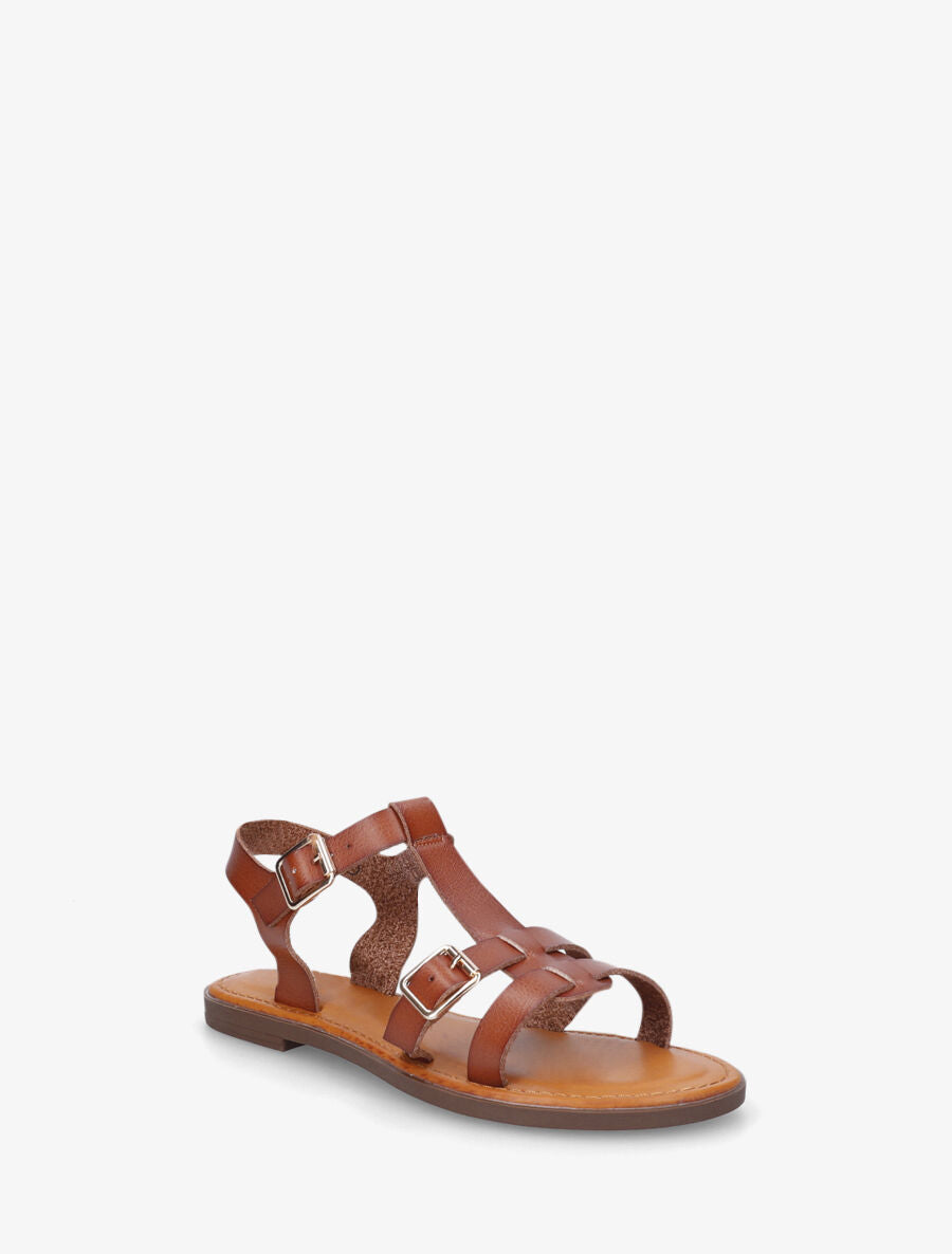 Nu-pieds en simili à double boucles - Marron - 2