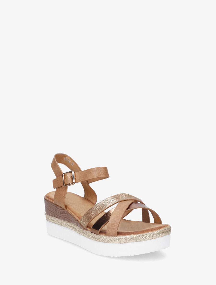 Sandales compensées brides croisées irisées - Camel - 2