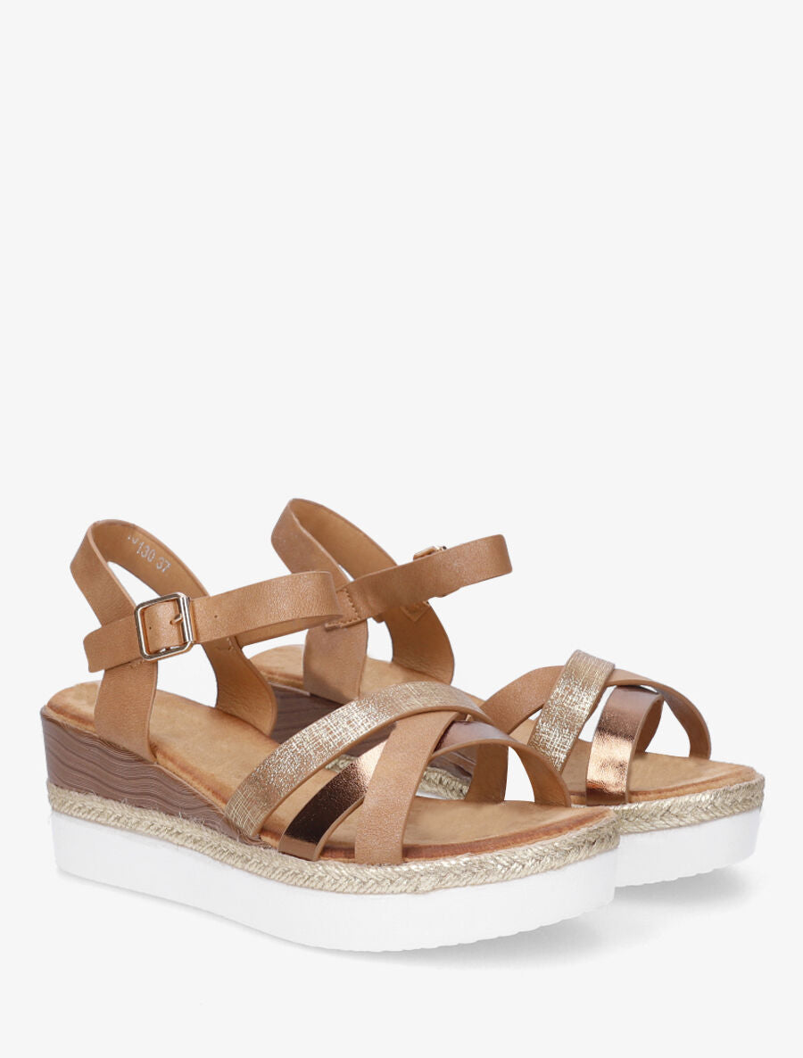 Sandales compensées brides croisées irisées - Camel - 4