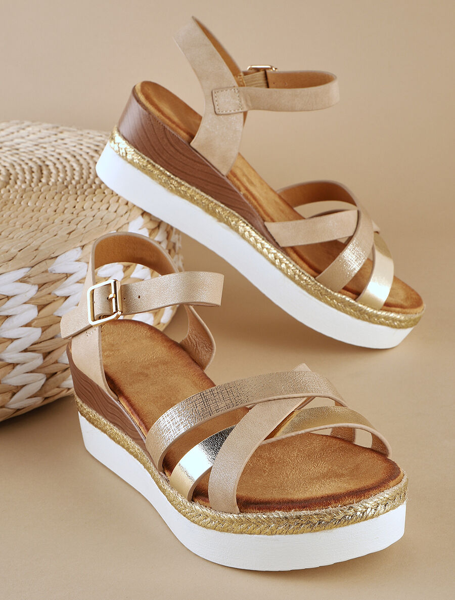 Sandales compensées brides croisées irisées - Beige - 1