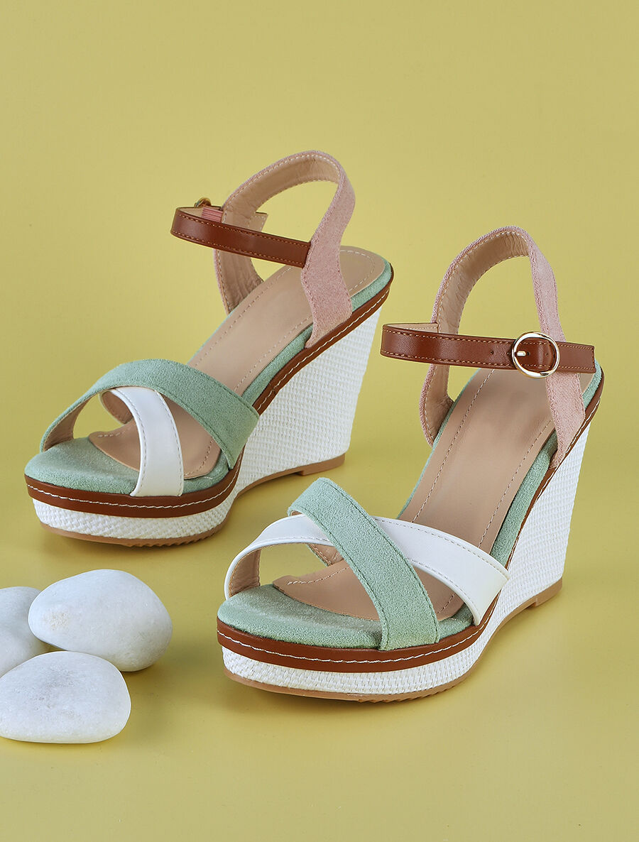 Sandales compensées bicolore - Vert d&
