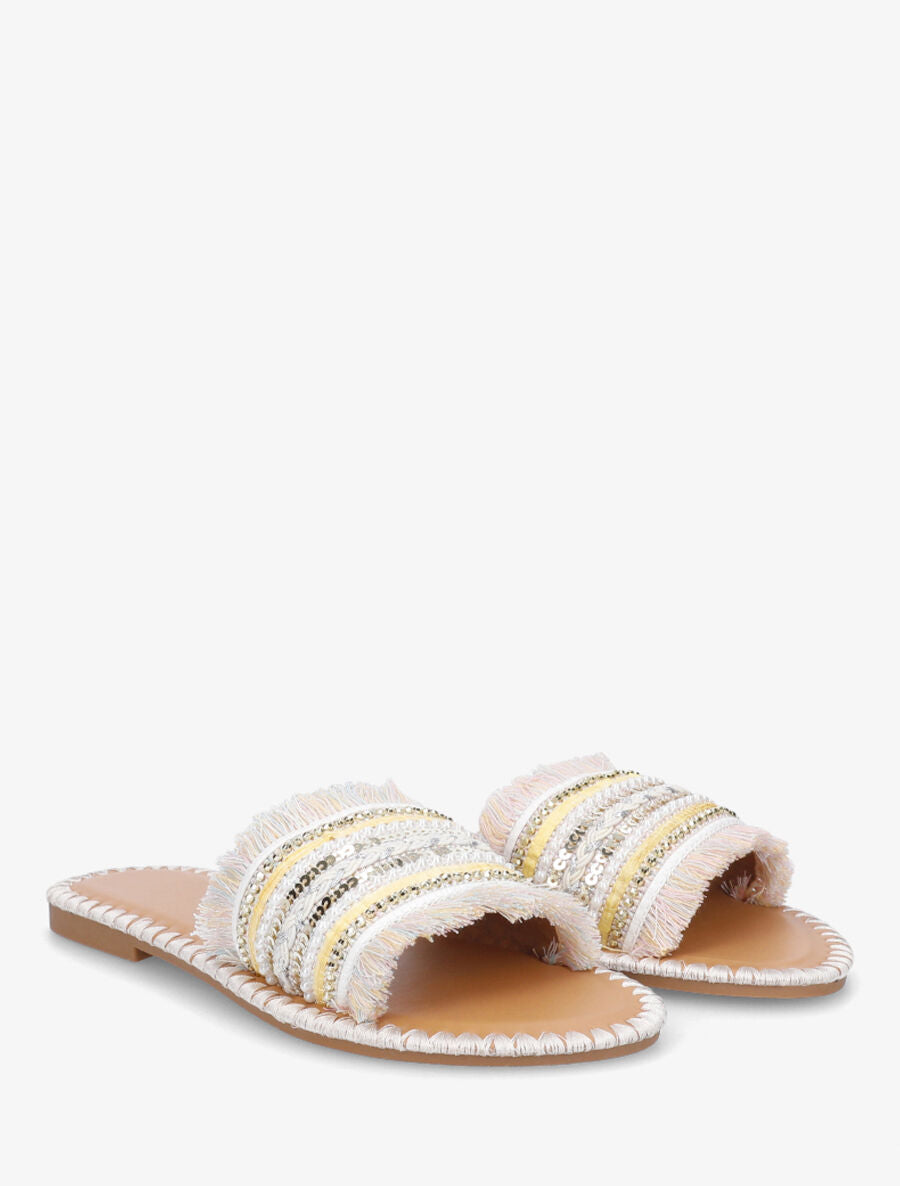 Claquettes à perles et franges - Beige - 4