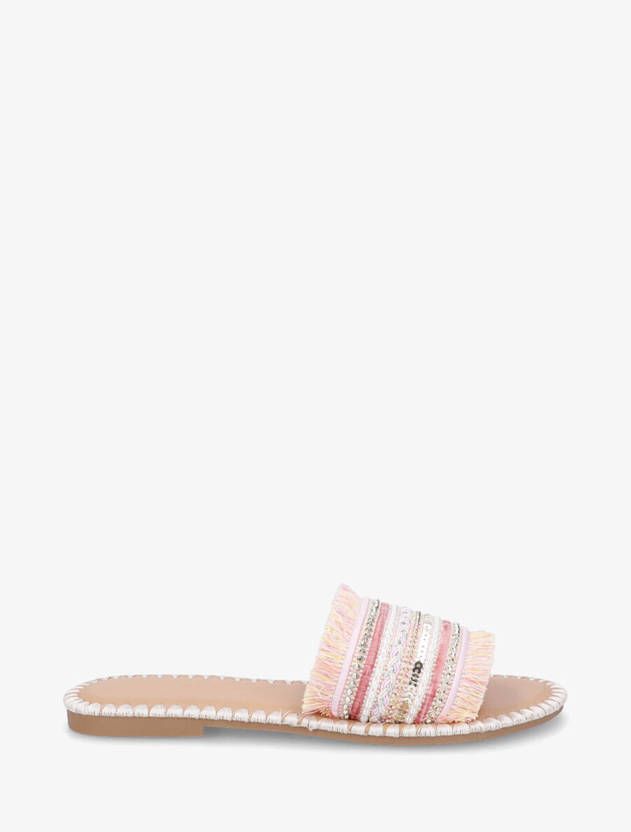 Claquettes à perles et franges - Rose - 1
