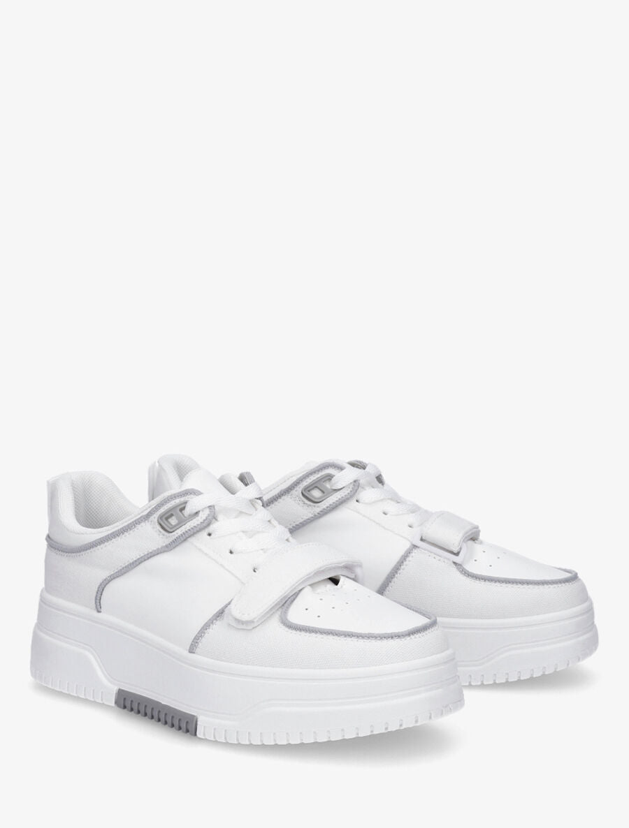 Baskets bi-matière à lacets et scratch - Blanc - 4
