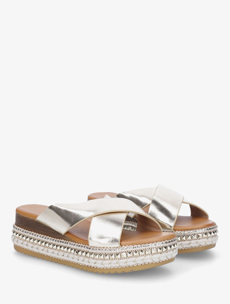 Mules croisées à talon compensé fantaisie - Or - 4