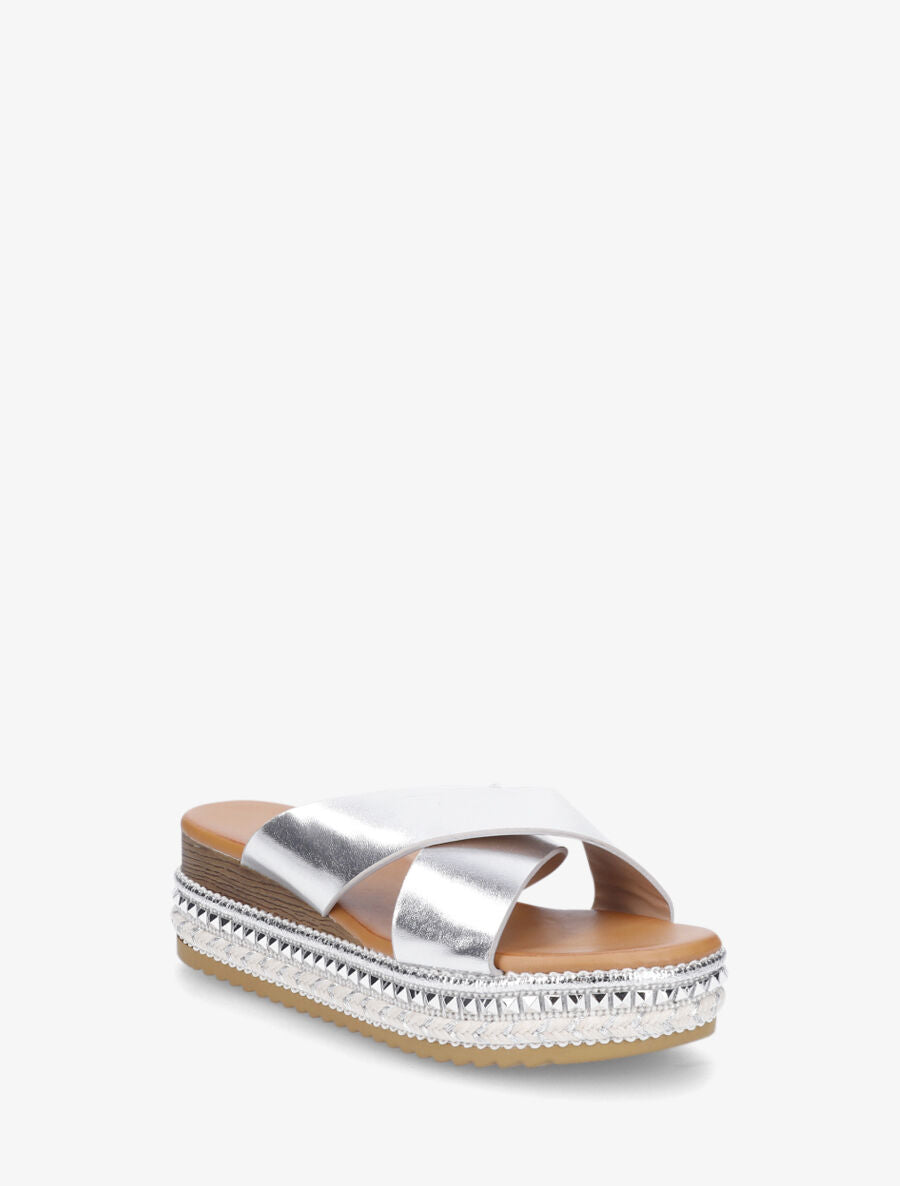 Mules croisées à talon compensé fantaisie - Argent - 2