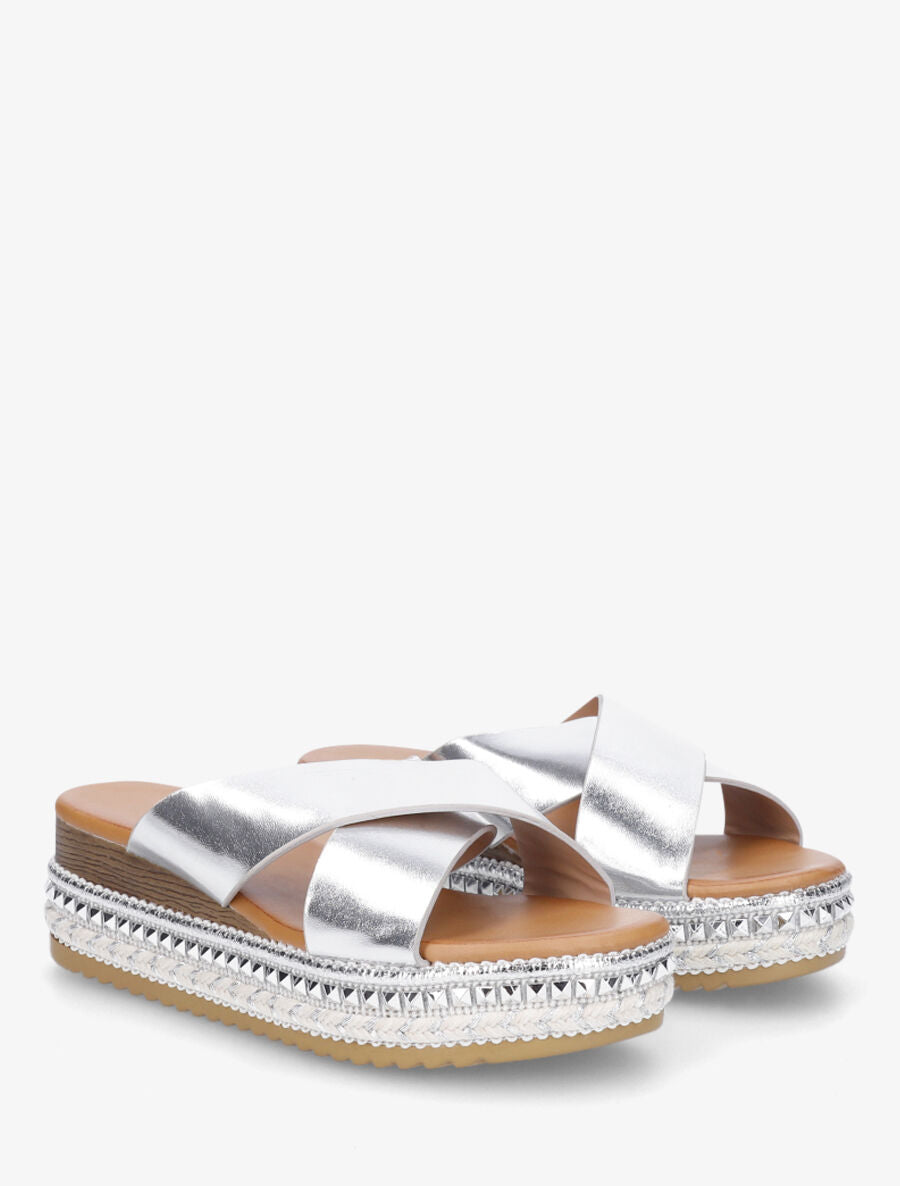 Mules croisées à talon compensé fantaisie - Argent - 4