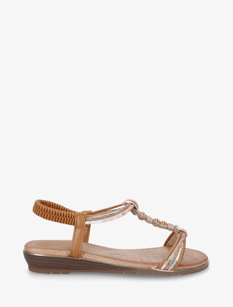 Nu-pieds à bride en T strass et perles - Camel - 1