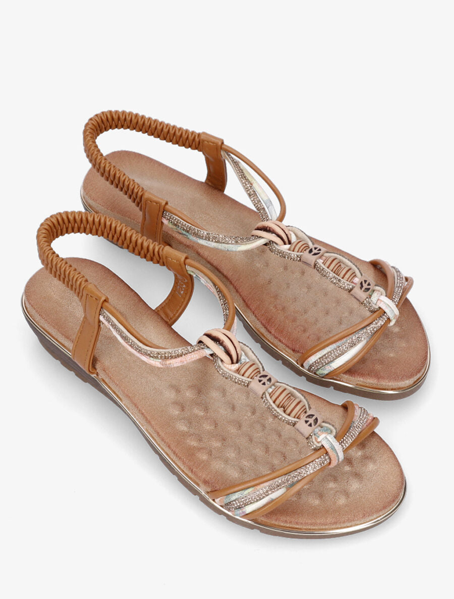 Nu-pieds à bride en T strass et perles - Camel - 4