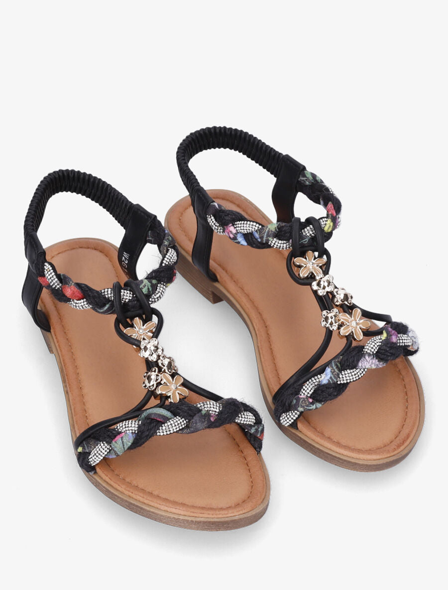 Nu-pieds tressés à bijoux fleurs - Noir - 4