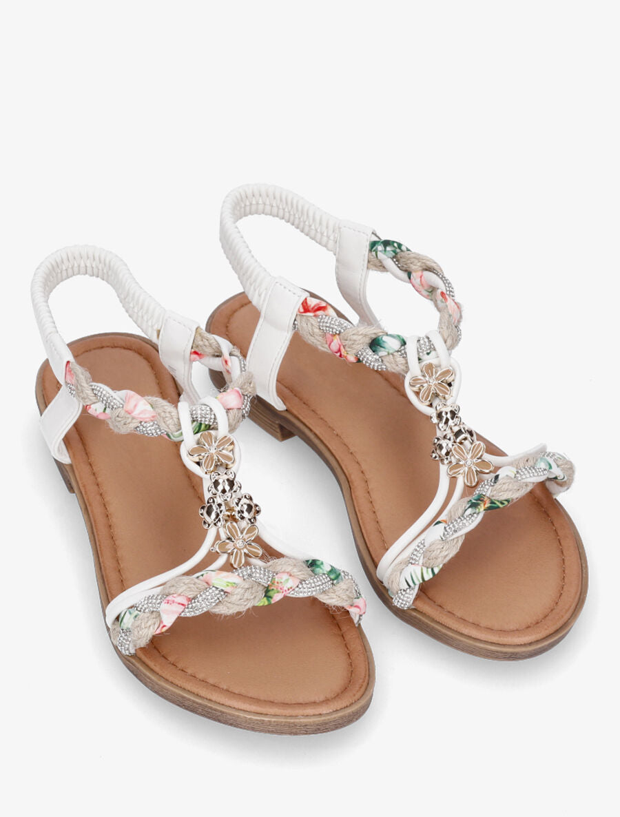 Nu-pieds tressés à bijoux fleurs - Blanc - 5