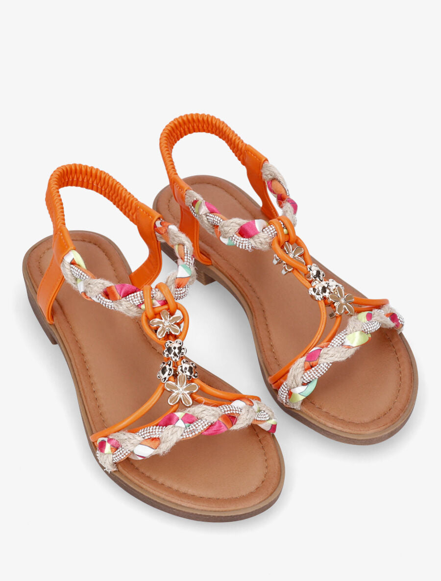 Nu-pieds tressés à bijoux fleurs - Orange - 4