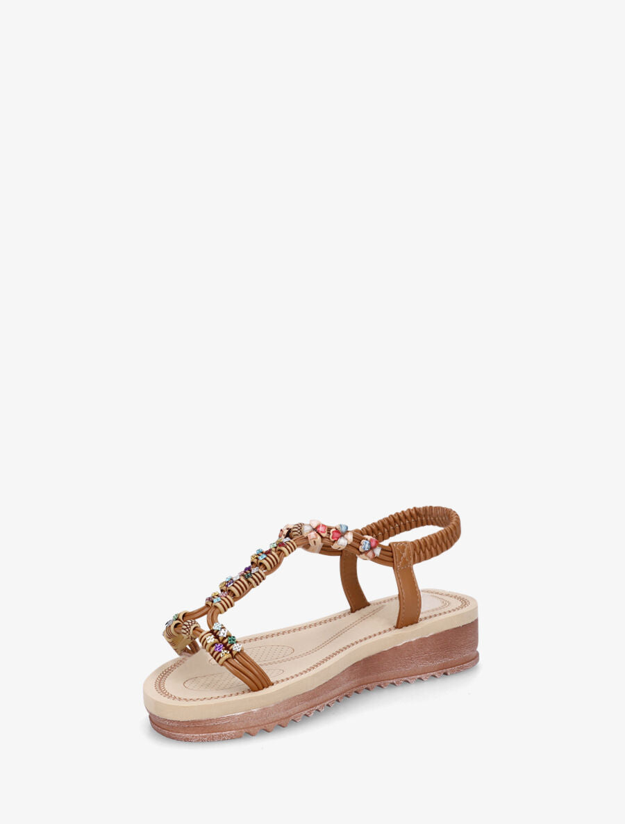 Nu-pieds à bride en T strass et perles - Camel - 3