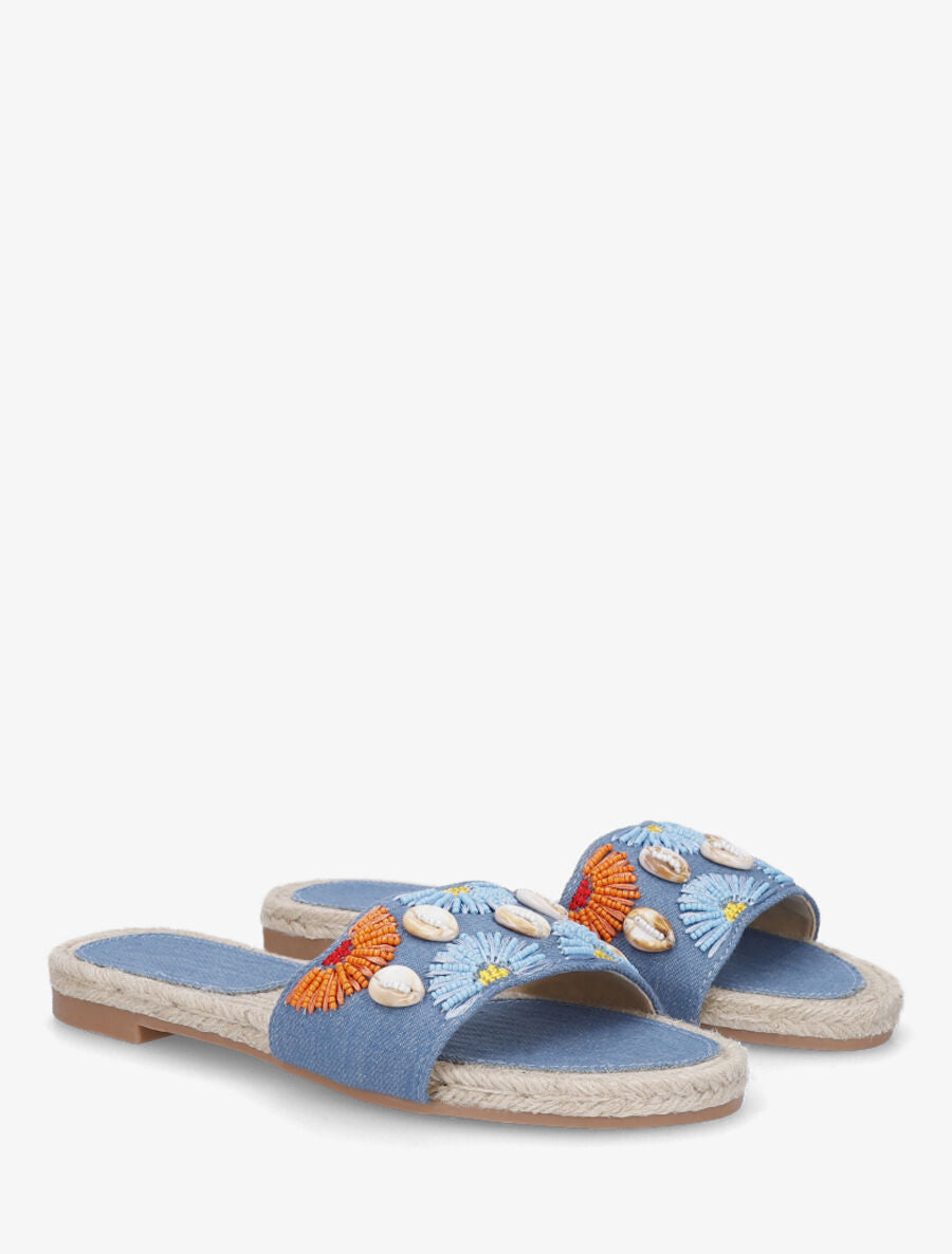 Mules plates perles et coquillages - Bleu clair - 4