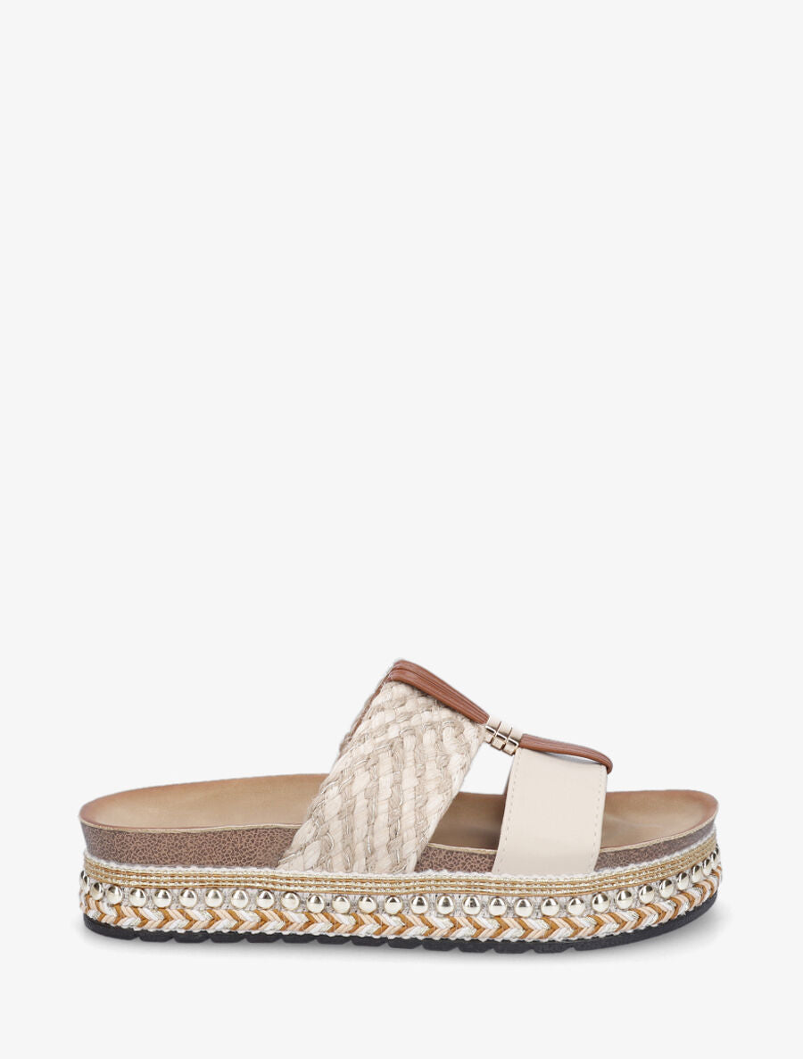 Claquettes raphia et simili à bijou - Beige - 5