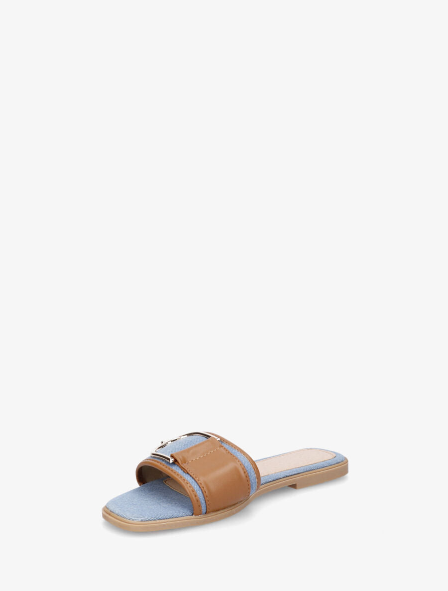 Mules plates bi-matière à boucle - Bleu denim - 3