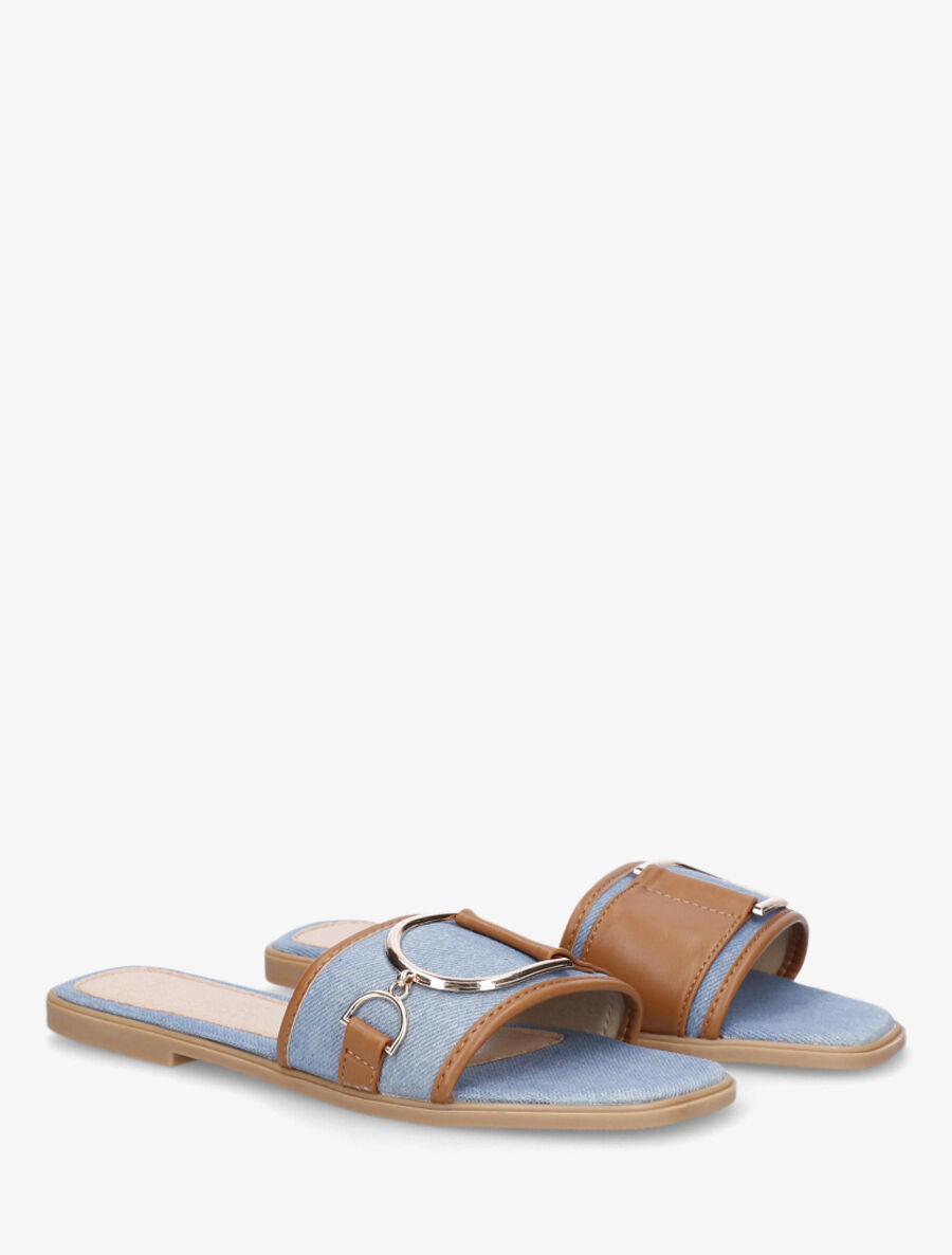 Mules plates bi-matière à boucle - Bleu denim - 4