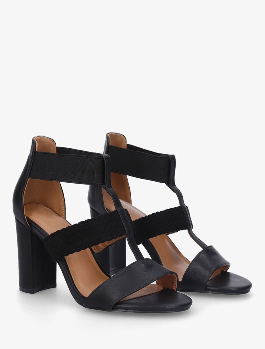 Sandales à talon et bi-matière - Noir - 4